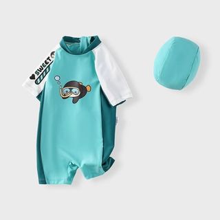 Đồ bơi liền thân cho bé trai - áo ngắn tay nhanh khô chống nắng in hình dễ thương đi bơi