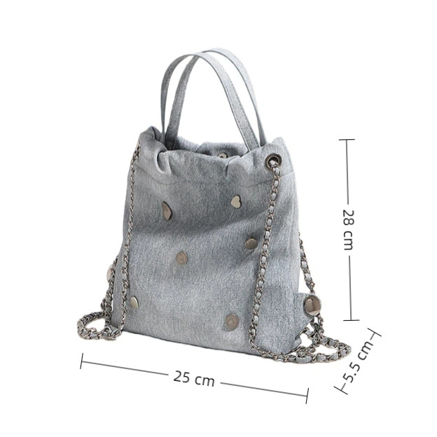 Phiên Bản Hàn Quốc Denim Da Dây Xích Ba Lô 2026 Phong Cách Mới Niche Thiết Kế Nhỏ Schoolbag Nữ Ba Lô Thường Ngày Có Thể Di Động Một Vai