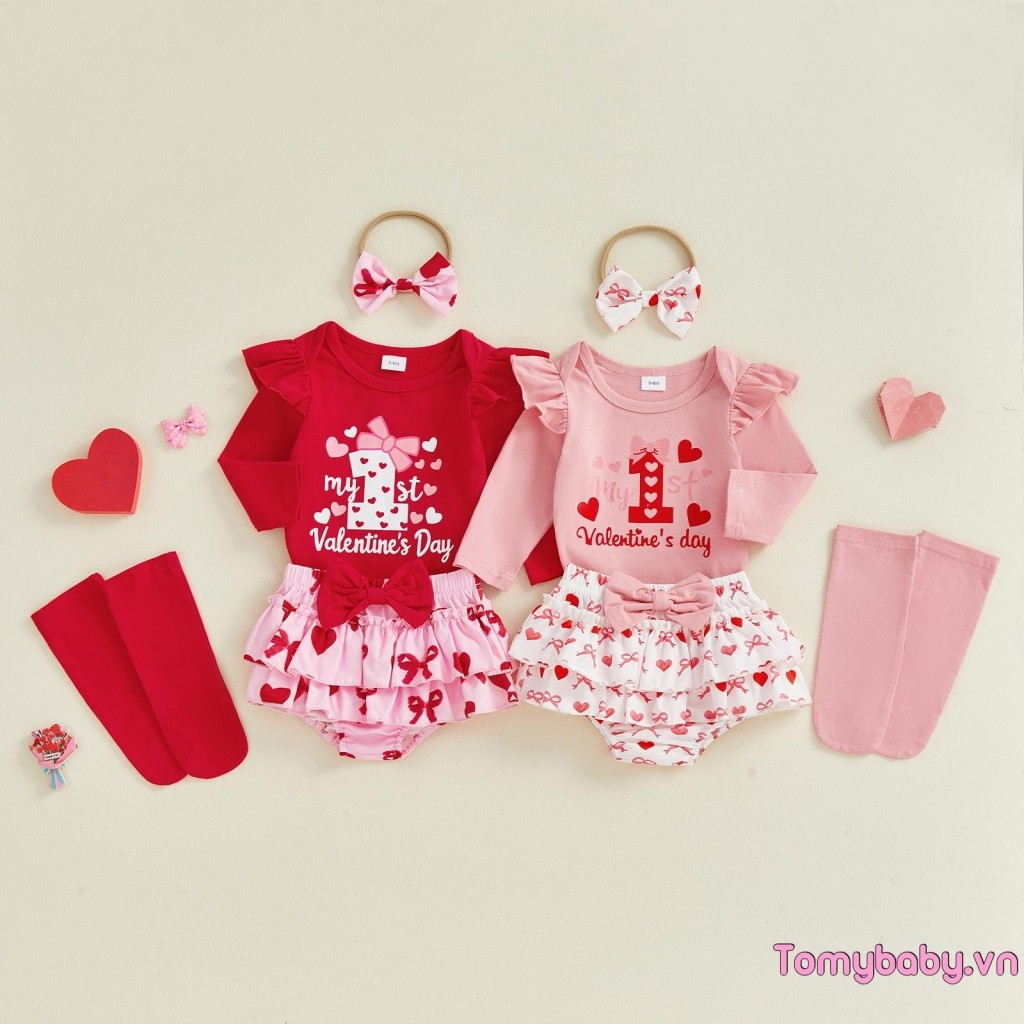Trang phục ngày lễ tình nhân cho bé gái Áo liền quần dài tay in hình trái tim + Ruffle Skort + Băng đô + Bộ vớ
