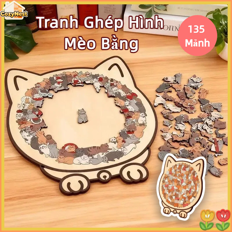 Tranh Ghép Hình Mèo Bằng Gỗ 135 Mảnh - Tạo Hình Mèo Độc Đáo, Màu Sắc Thanh Lịch, Quà Tặng Tinh Tế