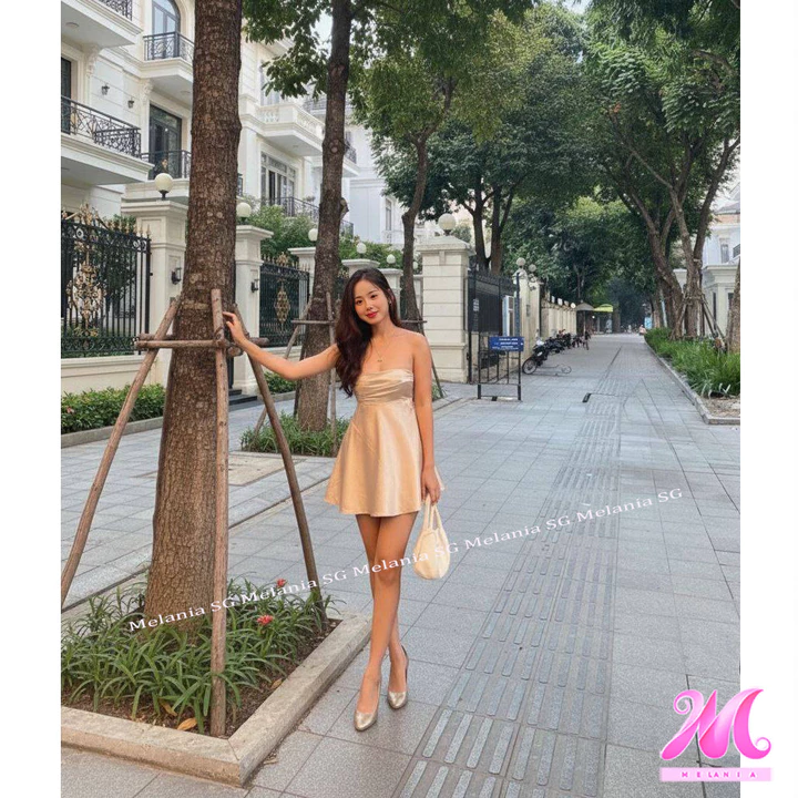 Váy Lụa 2 Dây Dáng Xòe Ôm Ngực Melania SG – Váy Lụa Cao Cấp Che Bụng, Tôn Dáng, Sang Trọng Dạo Phố – Dự Tiệc