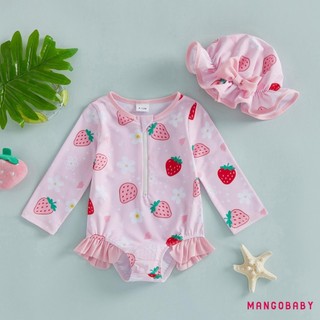 MG-Baby Girl Rash Guard Đồ bơi Bộ đồ tắm dâu tây có mũ chống nắng