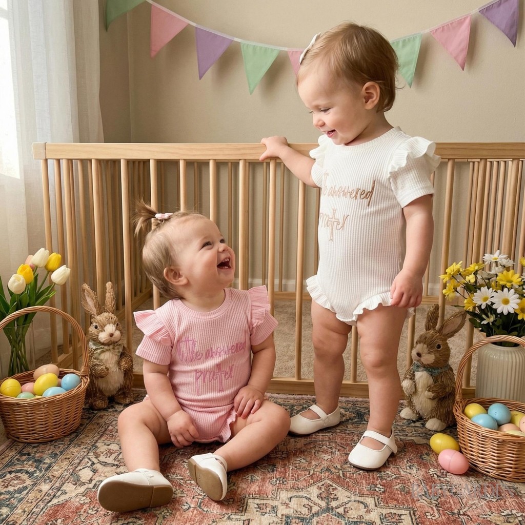 Bé Gái Phục Sinh Áo Liền Quần Chữ Thêu Xù Viền Tay Ngắn Cổ Tròn Sơ Sinh Jumpsuit