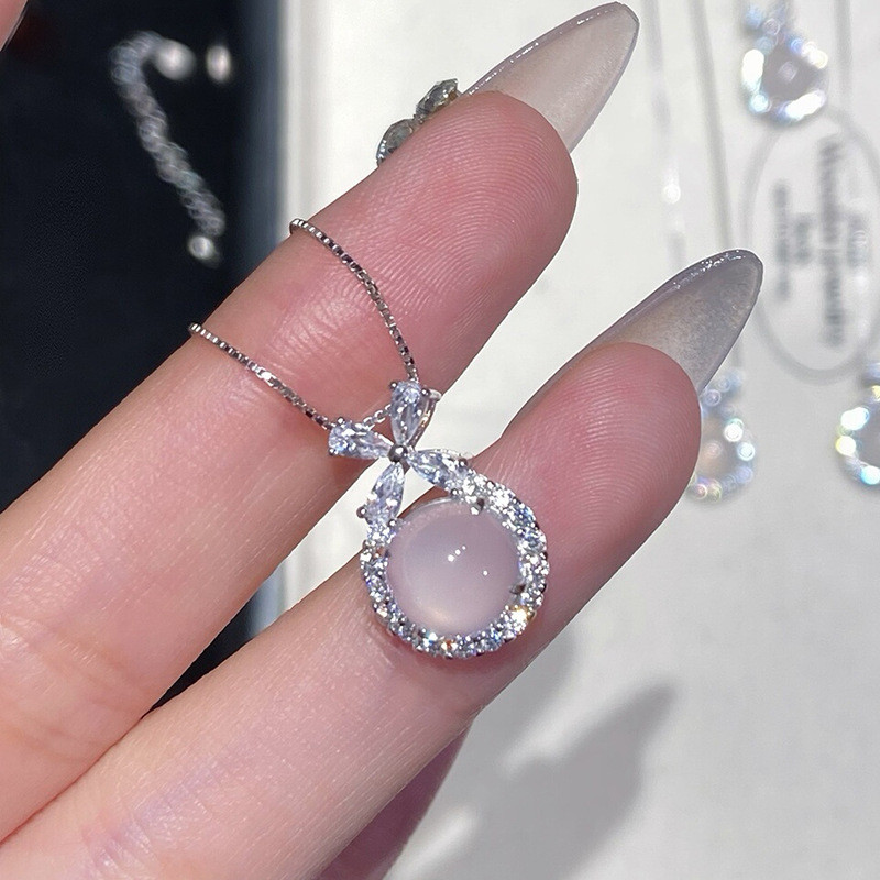 Vòng Cổ và Mặt Dây Chuyền Chalcedony Giả Trắng, Zircon, Inox - Thiết Kê Tinh Tế, Sang Trọng