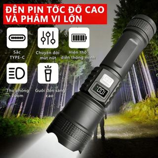 “Đèn Pin LED Siêu Sáng | Hiển Thị Dung Lượng Pin, Zoom Điều Chỉnh, Thời Lượng Pin Dài, Phù Hợp Dã Ngoại, Du Lịch”