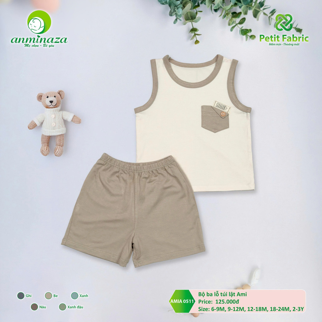 Bộ Ba Lỗ Túi Lật Bé Trai Anminaza Vải Sợi Petit Thoáng Mát Thấm Hút - Hàng Chính Hãng AMI0511