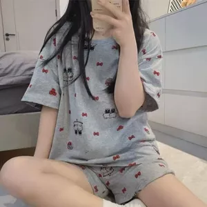 Lụa Sữa Bộ Đồ Ngủ Nữ Tay Ngắn Hoạt Hình Loungewear Bộ Đồ Hai Mảnh Thoáng Khí Phong Cách Nữ Tính