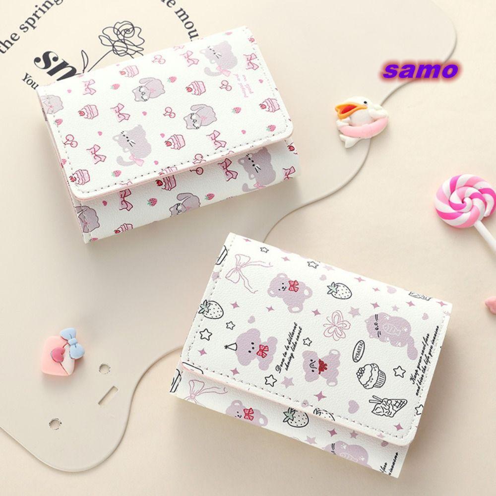 Ví đựng tiền xu SAMO, Ví ngắn hoạt hình Kitty, Túi đựng tiền bằng da PU nơ sinh viên