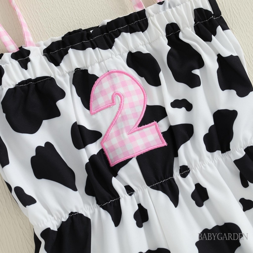 Bé Gái Sinh Nhật Áo liền quần Không Tay Dây Buộc Dây Thêu Chữ Bò In Hình Mùa Hè Playsuits Quà Tặng