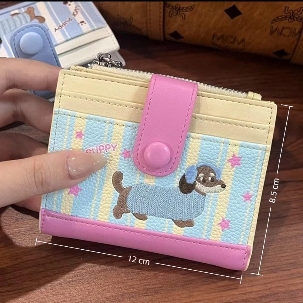 Ví ngắn SAVORBOX, Ví đựng tiền xu có dây kéo màu Dopamine, Ins Dachshund In hình chó hoạt hình Túi đựng thẻ PU dành cho nữ Cô gái