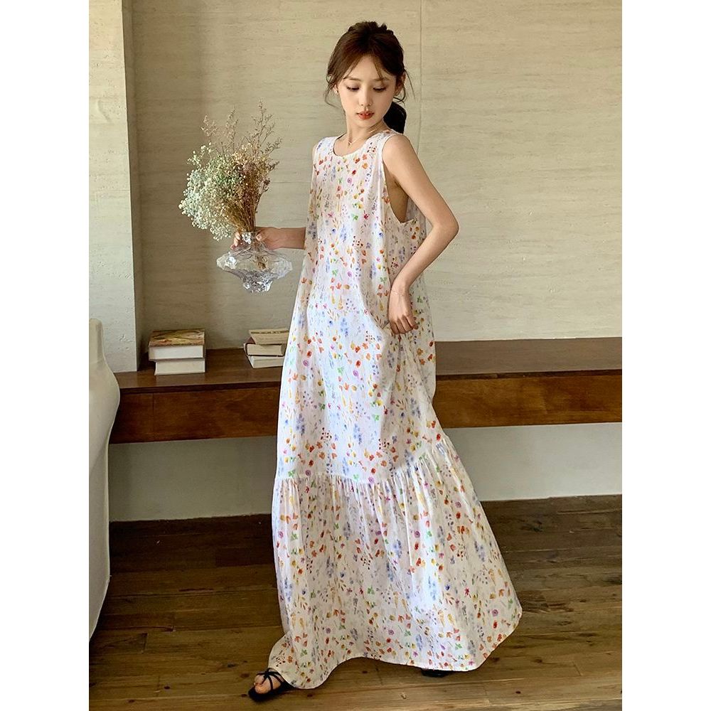 Váy vest ngủ hoa nhỏ màu hồng, lụa cotton mát mẻ, phù hợp mùa hè