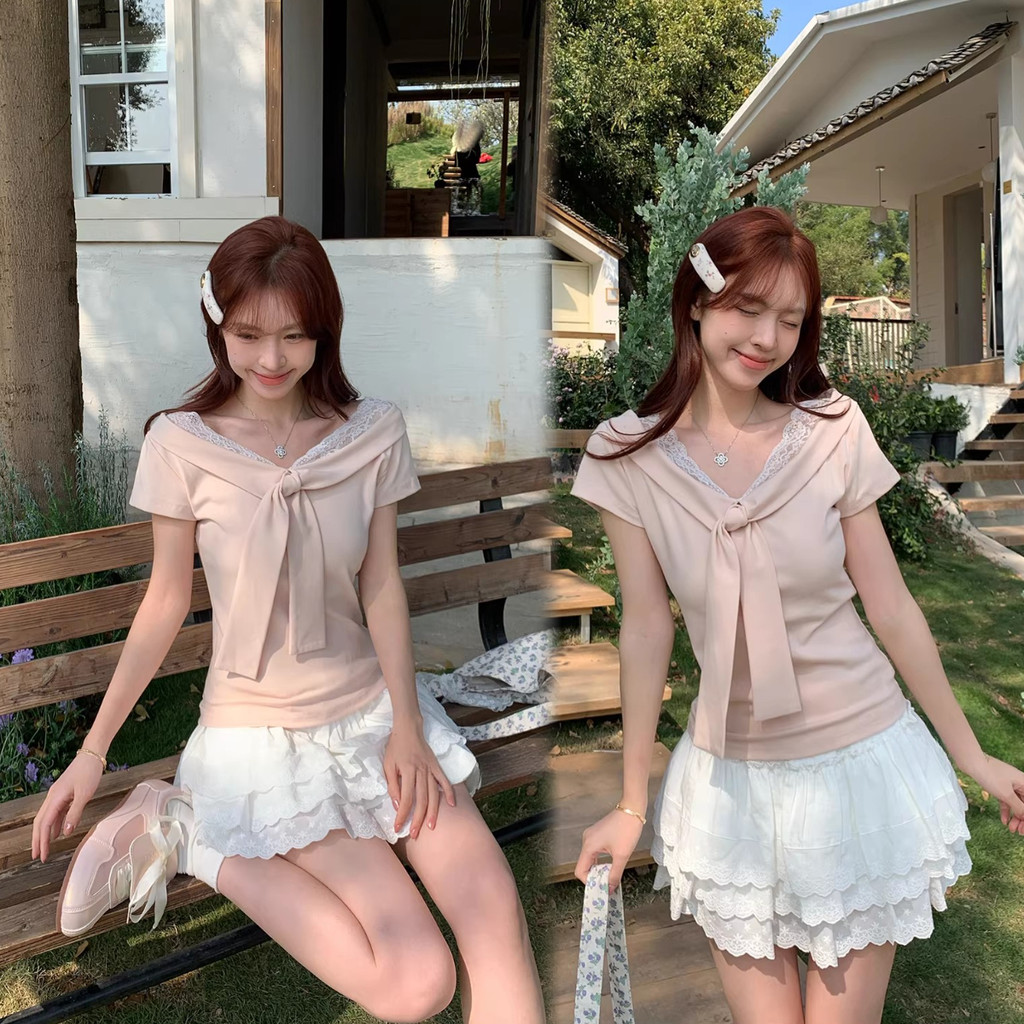 SUXI Áo thun nữ ngắn tay cổ chữ V nhẹ nhàng 260224