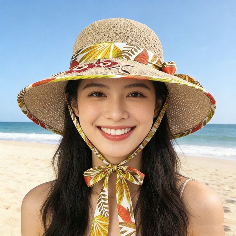 Mũ thêu hoa OUSXA vành rộng, dệt kim gấp gọn, phù hợp đi biển chống tia UV