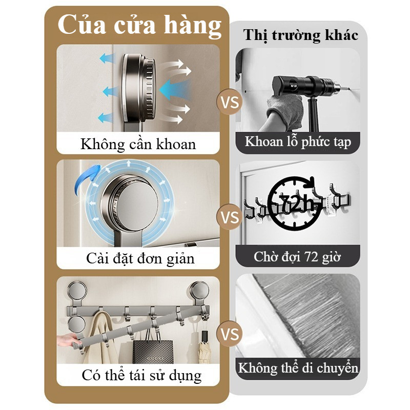 Móc treo đồ hút chân không đa năng | chất liệu nhôm cao cấp chống gỉ | Không cần khoan tường