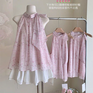 Áo voan cổ yếm buộc nơ dáng suông họa tiết hoa nhí ngọt ngào kiểu Pháp XIMIMI SP437