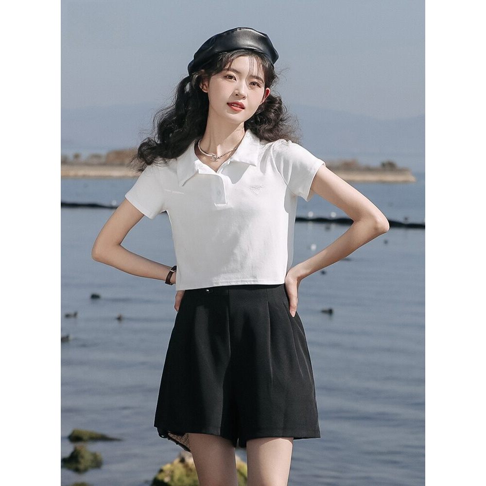 MUTU | Áo thun polo nữ ngắn tay cổ polo, thiết kế mới, chất liệu cotton, phong cách Hàn Quốc, phù hợp mùa hè