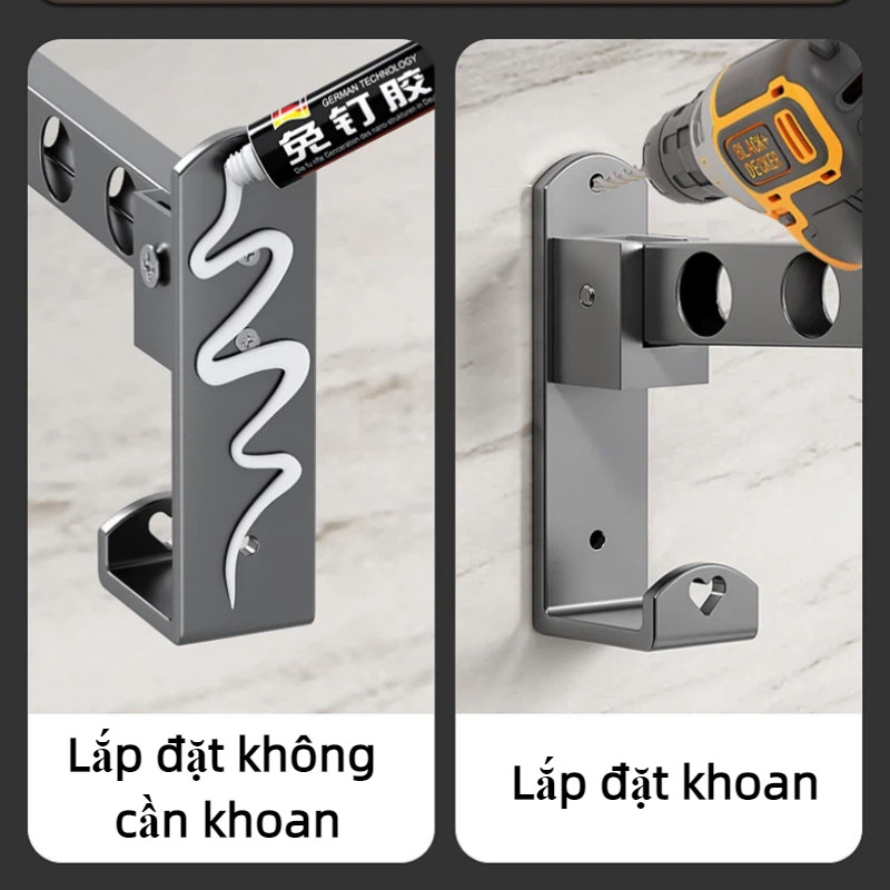 Thanh phơi đồ treo tường thép carbon chống gỉ siêu chắc, lắp khoan/dán cho ban công phòng tắm