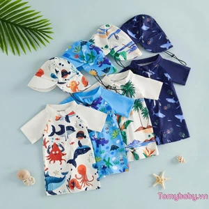 Đồ bơi trẻ em bé trai Rash Guard Cây nhiệt đới / Đồ bơi tay ngắn in hình động vật biển có nắp bơi