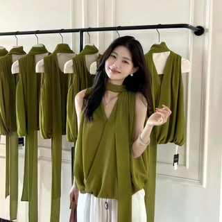 Áo sơ mi cổ chữ V không tay màu xanh lá, thiết kế ribbon phong cách Pháp, phù hợp mùa hè