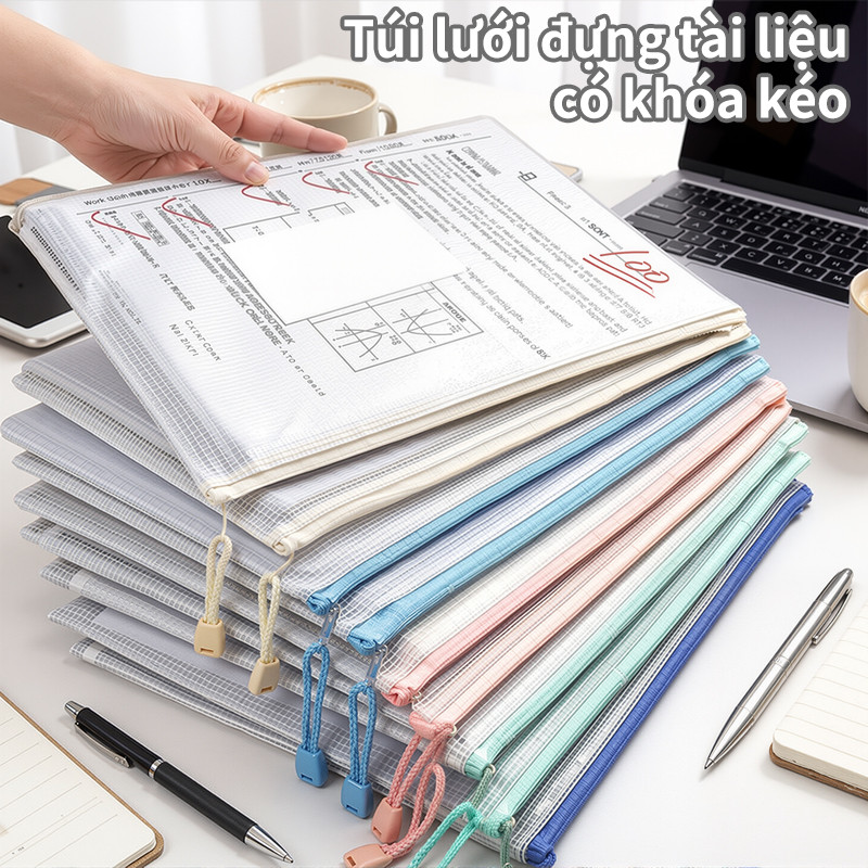 Túi đựng tài liệu có khóa kéo trong suốt chống thấm nước, bộ túi lưới tiện lợi với khóa kéo