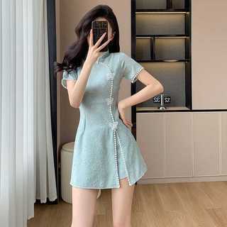 Bộ hai mảnh váy và quần short cheongsam cải tiến phong cách Trung Quốc mới, chất liệu jacquard mùa hè.