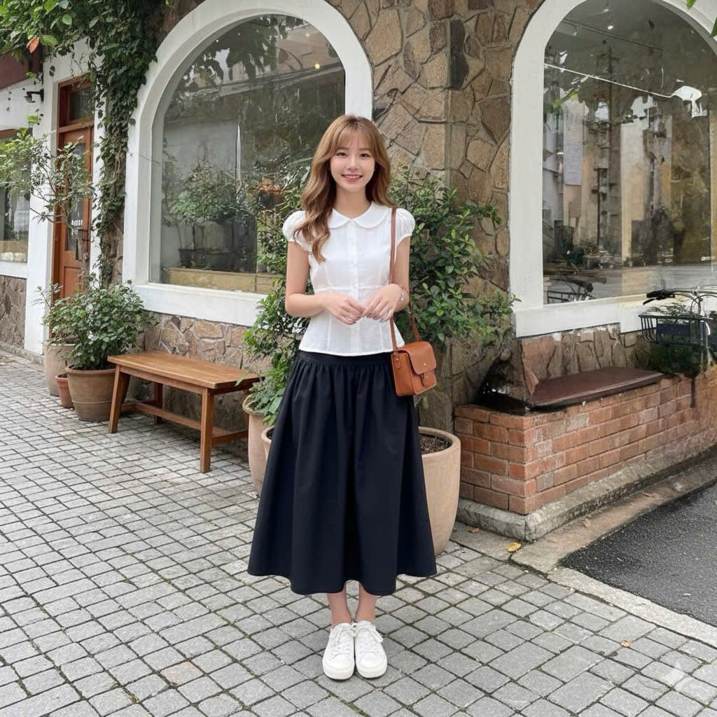 Áo sơ mi công chúa cổ bèo sen tay ngắn búp bê có dây cột eo sau tăng chỉnh SS0363