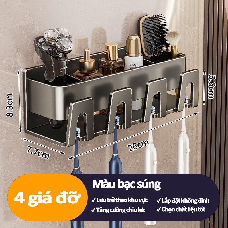 Kệ treo bàn chải đánh răng nhôm không gỉ dày dặn tiết kiệm không gian lắp dễ kèm cốc nhựa bộ 3 bộ 4