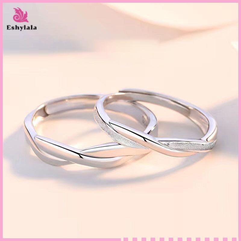 Bộ nhẫn cặp đôi bạc đơn giản Eshylala, Nhẫn đeo tay có thể điều chỉnh cho nam và nữ, Quà tặng kỷ niệm [MỚI]