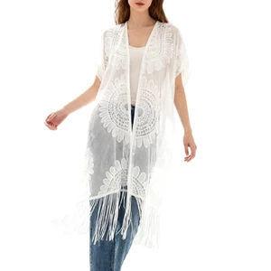 PCF * Áo len Cardigan ren thêu hoa đi biển có tua dài áo sơ mi che đậy