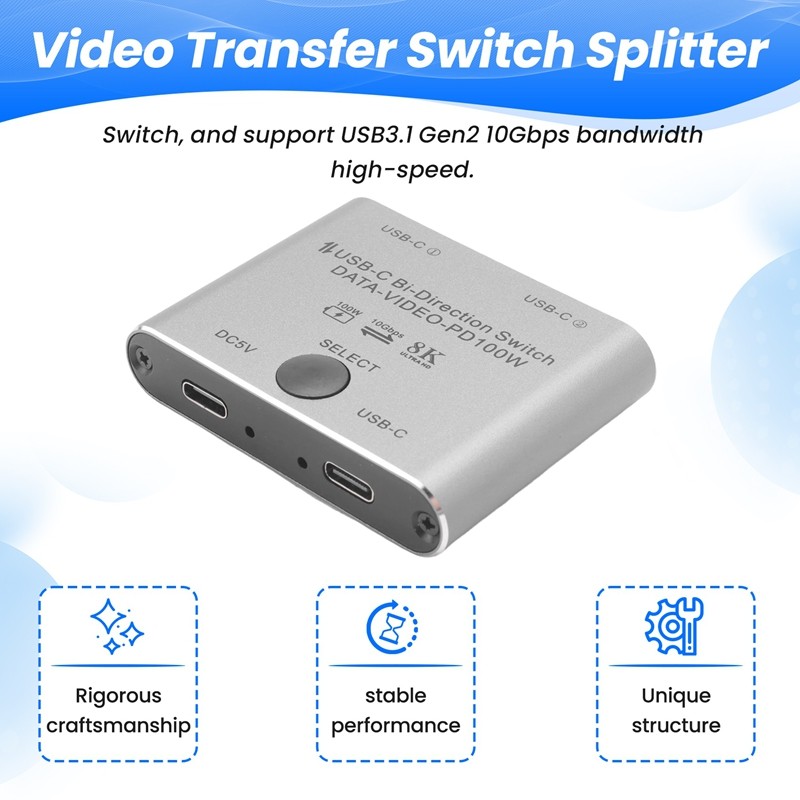 Bộ Chia Công Tắc Cho 2 Máy Tính Bi Định Hướng USB C KVM Switch 1 Trong 2 Ra Cho 8K @ 60Hz / 4K @ 144Hz Truyền Video 10Gbps