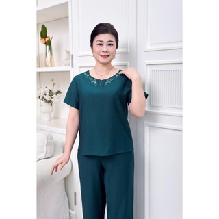 Bộ mặc nhà nữ trung niên cho mẹ áo cộc quần dài dáng suống linen mát, mềm mại SUNFLY SP2254