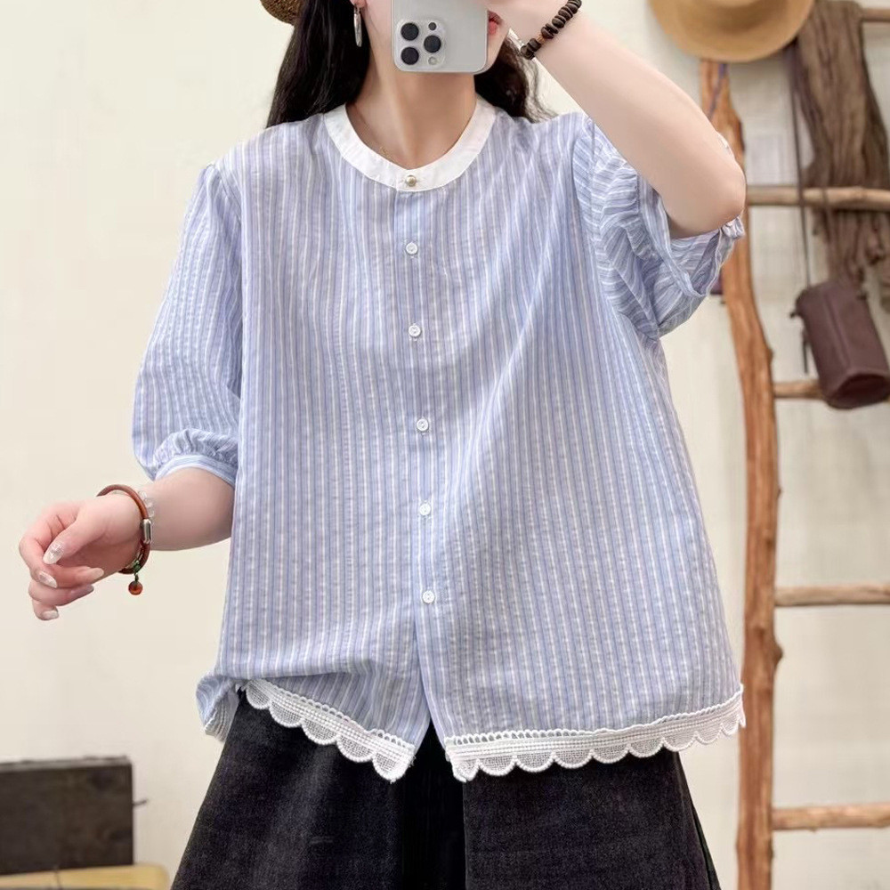 [Hàng có sẵn] Áo sơ mi nữ 100% cotton chất lượng cao, tay ngắn, phù hợp mùa hè với chi tiết sọc và xếp ly nhấn nhá.