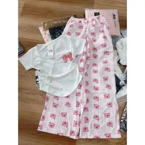 Bộ quần dài heo hồng+ mix áo CROPTOP hình NƠ caro đỏ in nguuc -chang3158
