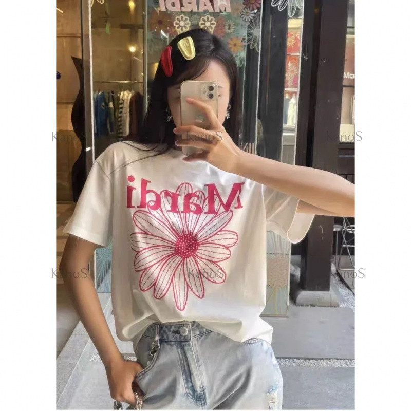 Kanos_shop | áo phông mùa hè, Hàn quốc dễ thương Flower print 100% cotton áo sơ mi tay ngắn