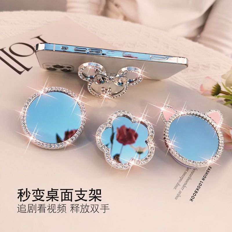 Gương trang điểm đính kim cương có thể xoay được Giá đỡ điện thoại Túi khí lười biếng có thể thu vào có thể gập lại Gương tình yêu sáng tạo