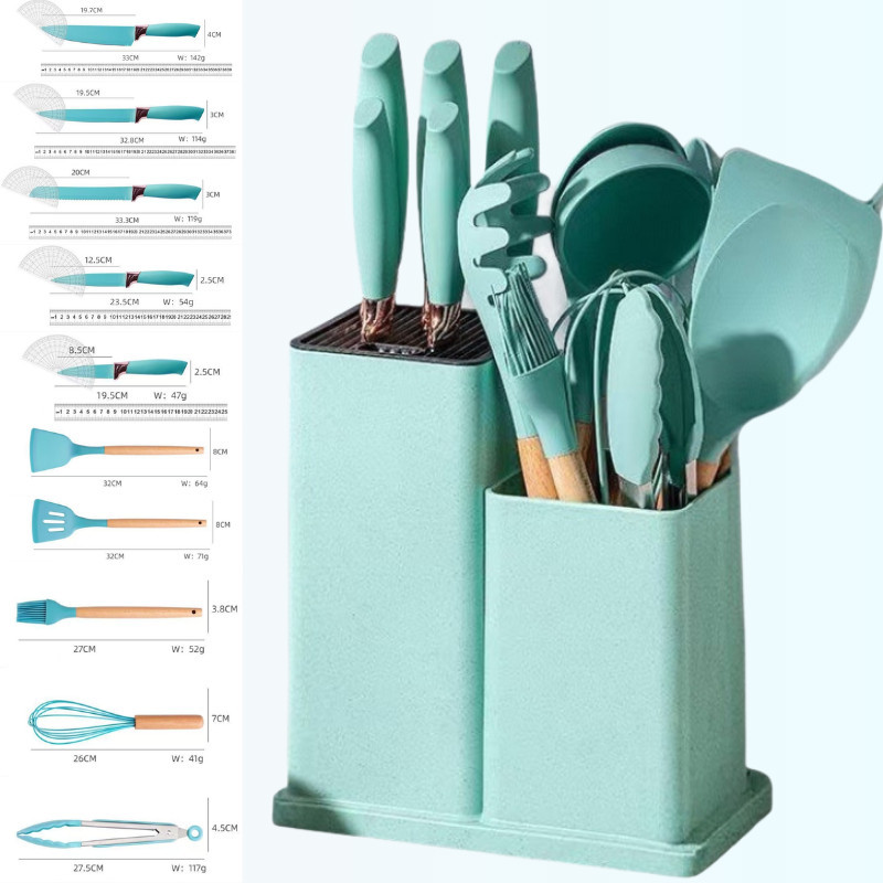 Bộ Dao Kéo & Dụng Cụ Silicon Nhà Bếp 19 Món - Dao Thớt, Kéo, Muỗng Nấu Cán Gỗ, Chịu Nhiệt Chống Dính