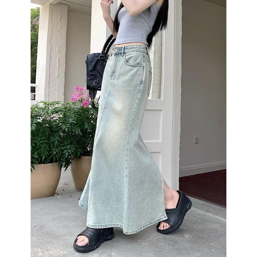 Chân Váy Jean Dáng Dài CHEZIHOUSE- BẢN ĐẸP Form Suông Đuôi Cá Xẻ Sau Dài 86cm-93cm #7915 4 màu siêu đep