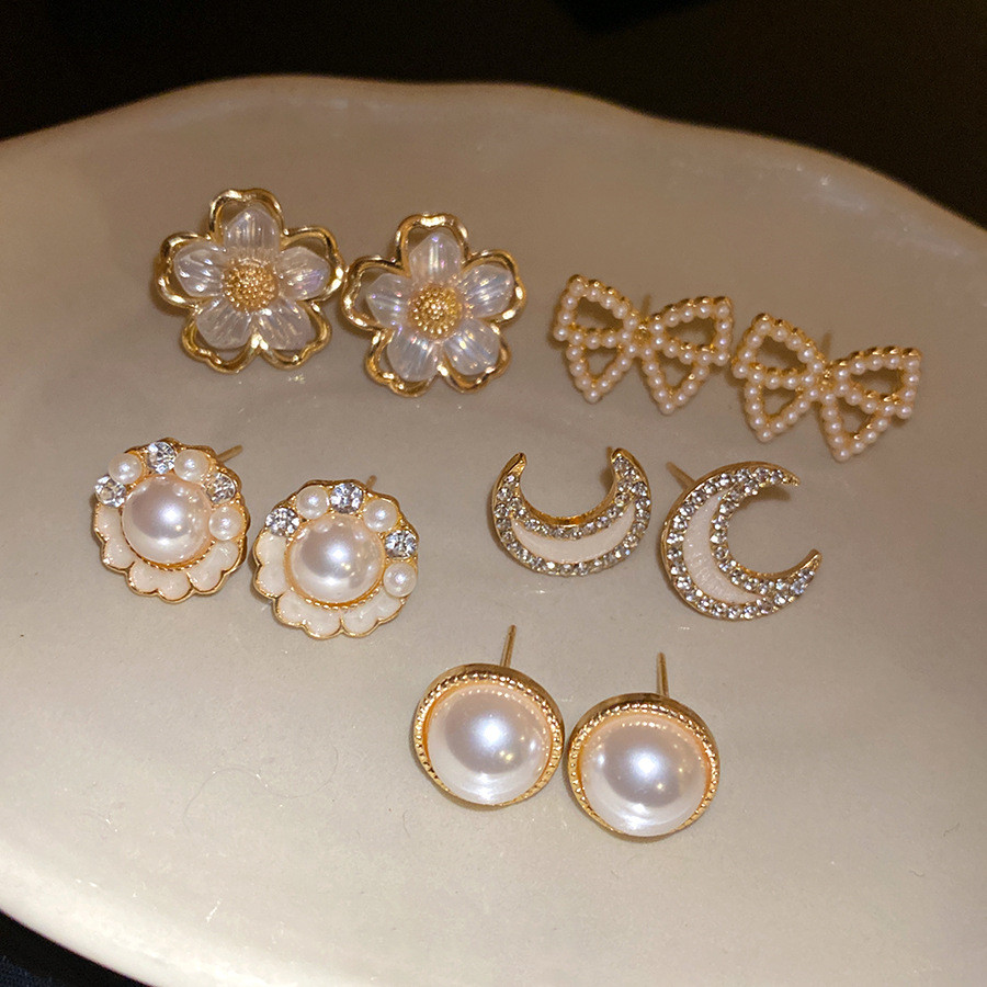 Bộ bông tai ngọc trai hoa nơ mặt trăng, style retro Pháp đơn giản, cao cấp dành cho nữ (10 cái)