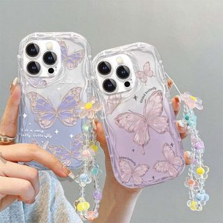 Bướm Dễ Thương Có Hoa Dây Đeo Cổ Tay Cho IPhone 16 15 Pro Max Plus 16E SE4 Ốp Lưng Điện Thoại Silicon Mềm