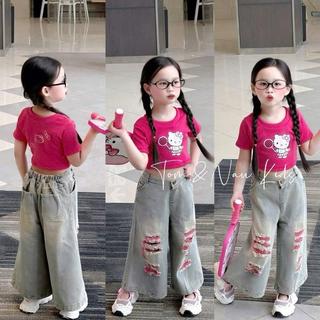 S339-[tomnaukids] Set áo thun Hồng phối quần jean suông rách cho bé gái size từ 8-38Kg