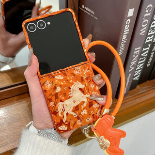 Ốp Điện Thoại Gấp Cho Samsung Galaxy Z Flip7 Flip6 Flip5 Flip4 Flip3 Màu Cam Mạ Điện Ngựa Tay Dây Cứng TPU Điện Thoại
