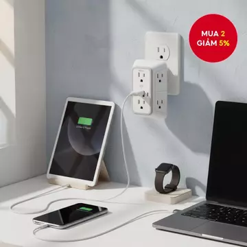 Bộ Mở Rộng Ổ Cắm Chống Sét - Chia 6 Cổng với 4 USB (2 Loại C), Bộ Sạc Tường Đa Năng, Ổ Điện 3 Mặt cho Gia Đình, Văn Phòng, Du Lịch