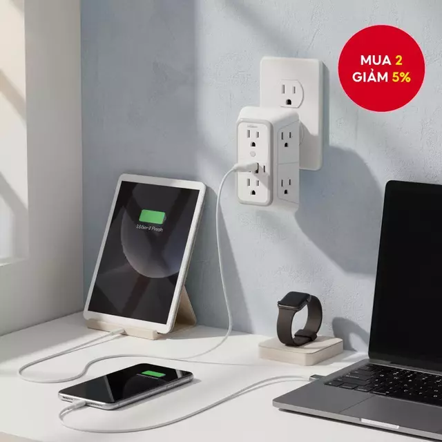 Bộ Mở Rộng Ổ Cắm Chống Sét - Chia 6 Cổng với 4 USB (2 Loại C), Bộ Sạc Tường Đa Năng, Ổ Điện 3 Mặt cho Gia Đình, Văn Phòng, Du Lịch