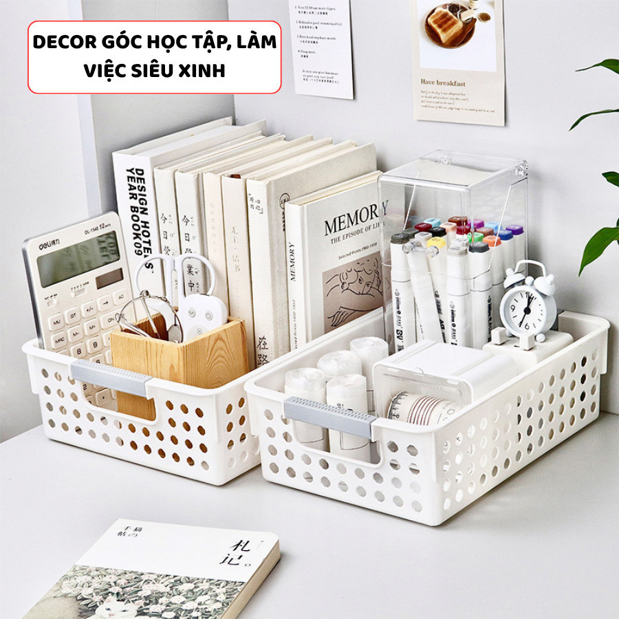 Giỏ Nhựa Đa Kích Thước Đựng Đồ Đa Năng, Khay Nhựa, Rổ Nhựa Đựng Đồ Có Tay Cầm Xám Decor Tối Giản Q038