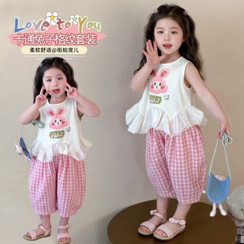 Bé Gái Hai Mảnh Thỏ Kiểm Tra Quần Chắp Vá Áo 80-150 Size NAK5
