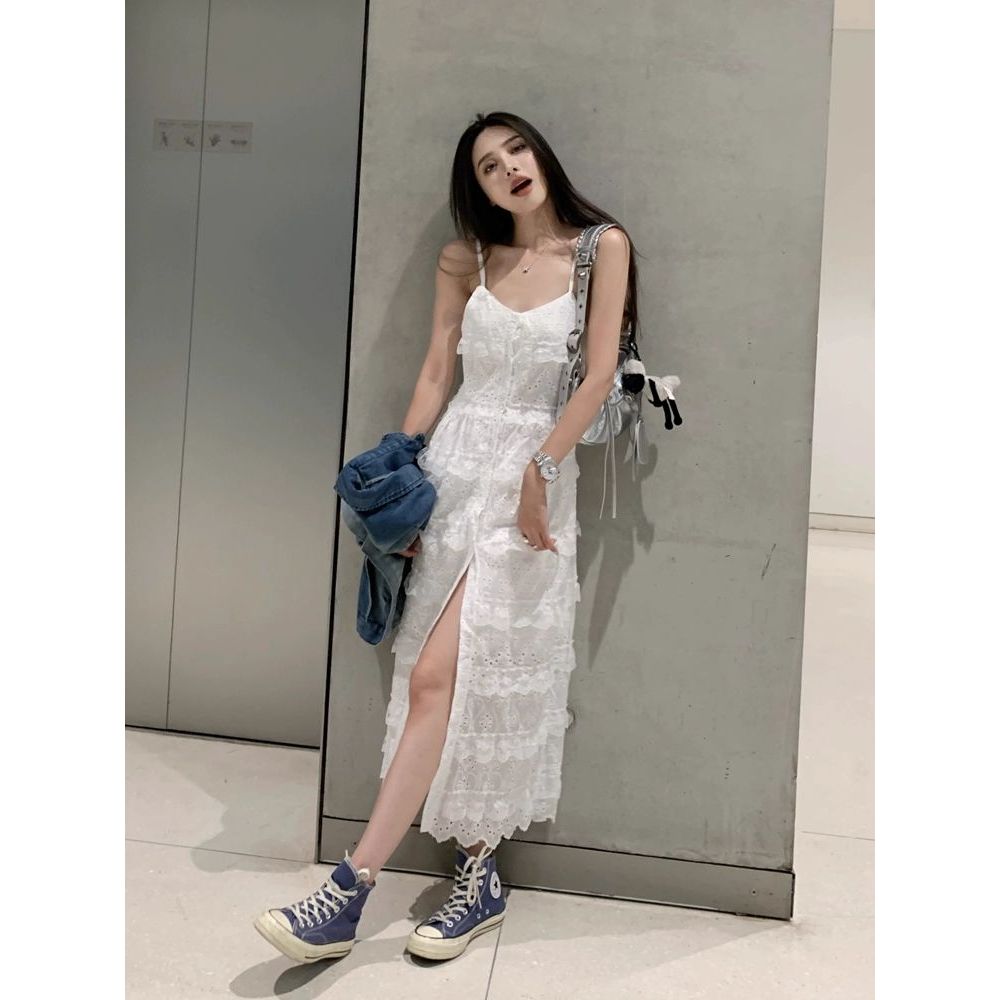 Đầm ren trắng nữ phong cách Pháp, thiết kế váy dài xẻ tà thanh lịch
