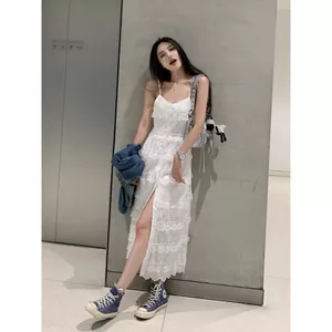 Đầm ren trắng nữ phong cách Pháp, thiết kế váy dài xẻ tà thanh lịch