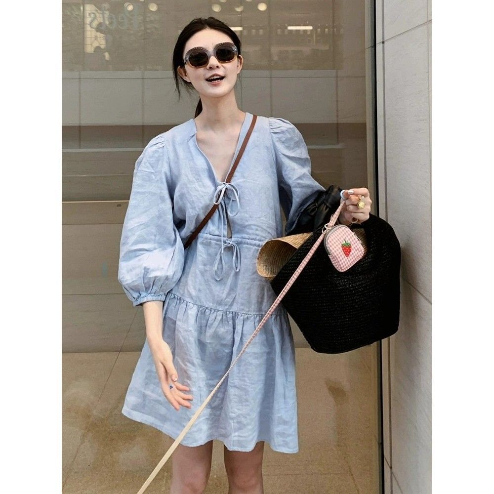 Váy cổ chữ V màu xanh ômbody cho nữ, che bụng, phong cách thu mới, thiết kế sang trọng