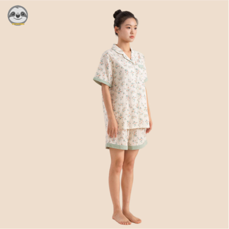 Bộ đồ ngủ ngắn tay Muji phong cách Nhật Bản, từ sợi đôi cotton nguyên chất với màu sắc thanh lịch như ngọc lục bảo và thiết kế thoải mái.