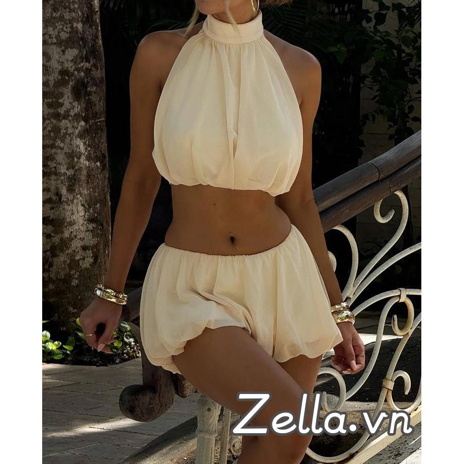 Bộ trang phục mùa hè gồm croptop và váy mini không tay, thiết kế màu trơn và chấm bi với dây cổ crop tops